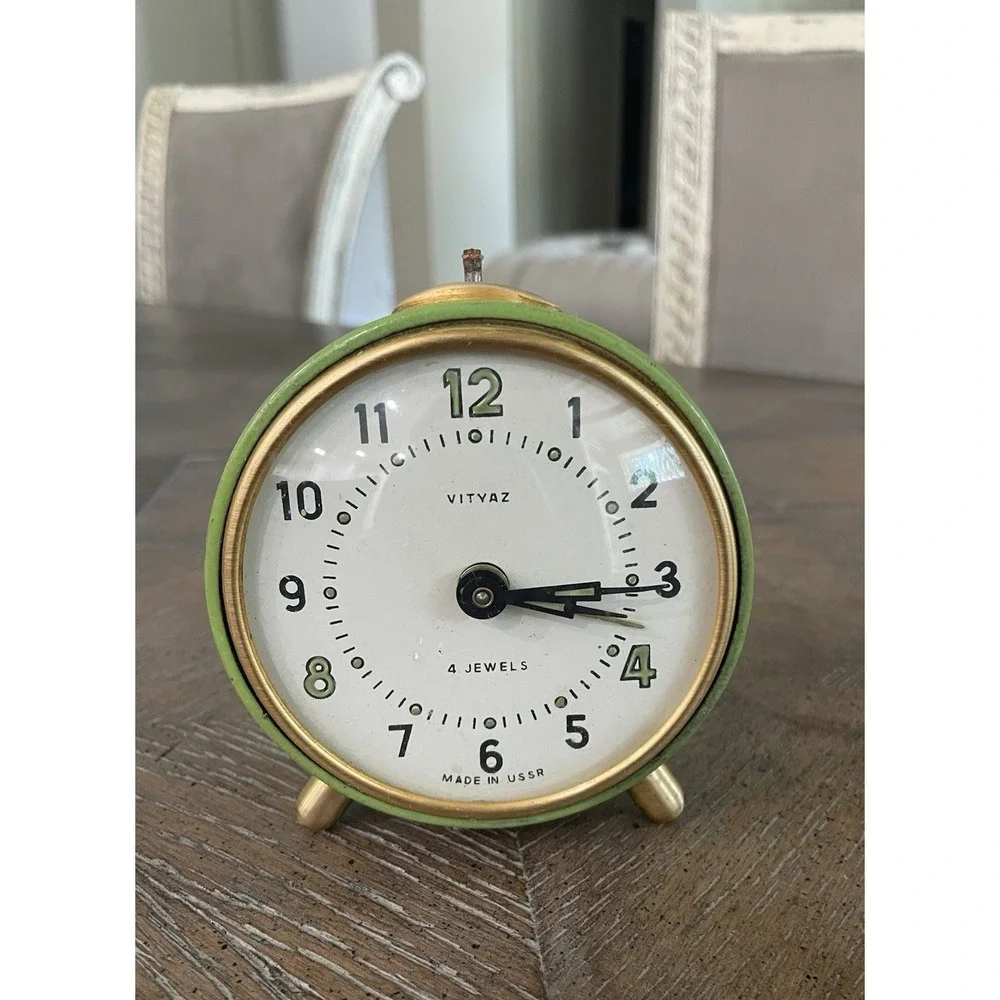 Vintage Vityaz USSR Mechanical Alarm Clock Metal Green Wind Up Works